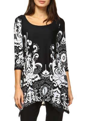 White Mark Women's Yanette 3/4 Sleeve Printed Tunic, Black, Large