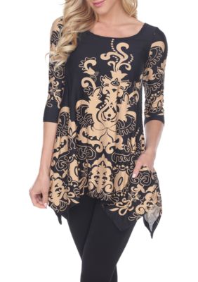 White Mark Women's Yanette 3/4 Sleeve Printed Tunic, Brown, XL