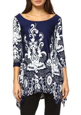 White Mark Women's Yanette 3/4 Sleeve Printed Tunic, Navy Blue, XL