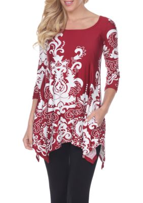 White Mark Women's Yanette 3/4 Sleeve Printed Tunic, Red, Large