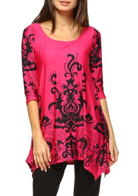 White Mark Women's Yanette 3/4 Sleeve Printed Tunic, Pink, Large