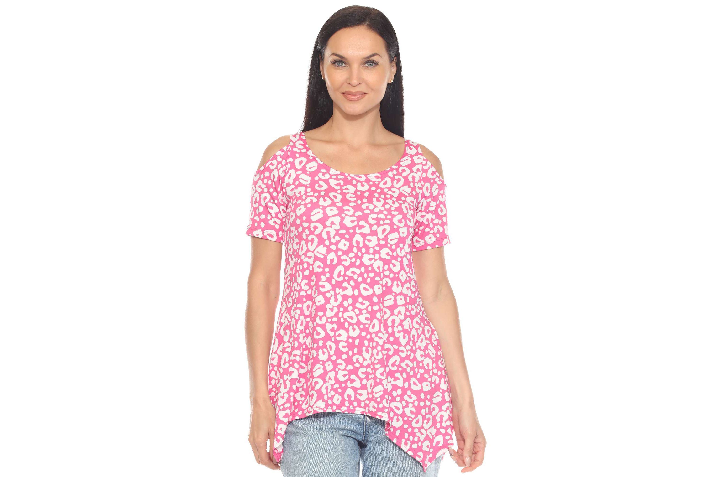 Womens Cold Shoulder Leopard Print Short Sleeve Tunic Top