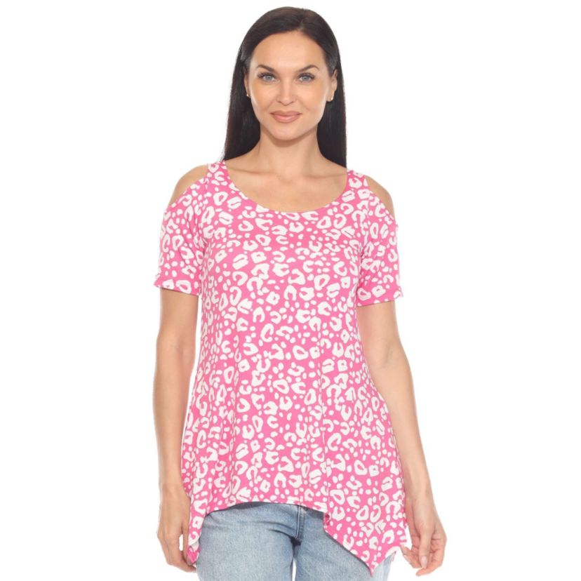 Womens Cold Shoulder Leopard Print Short Sleeve Tunic Top