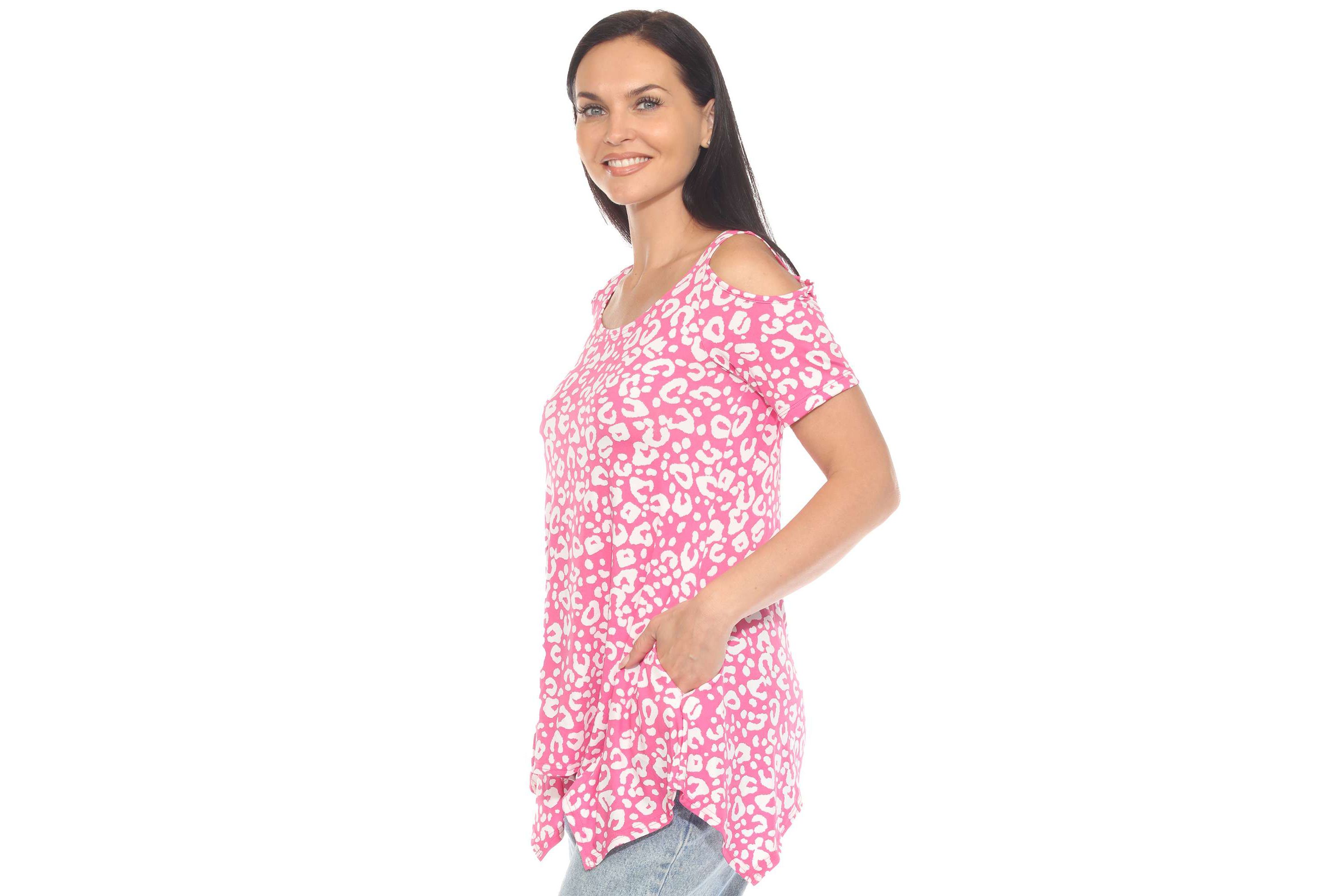 Womens Cold Shoulder Leopard Print Short Sleeve Tunic Top