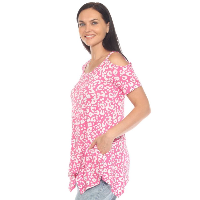 Womens Cold Shoulder Leopard Print Short Sleeve Tunic Top