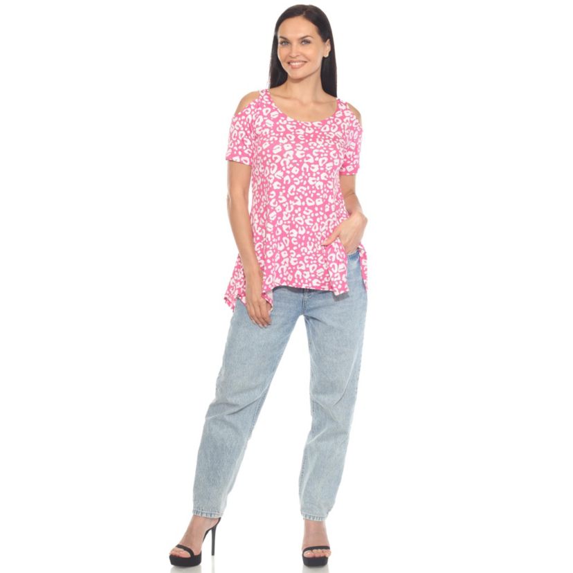 Womens Cold Shoulder Leopard Print Short Sleeve Tunic Top