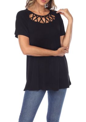 White Mark Women's Crisscross Cutout Short Sleeve Top
