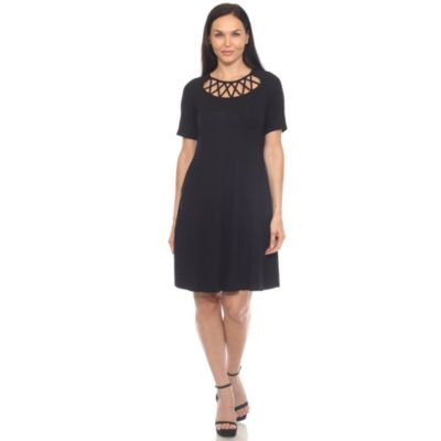 White Mark Women's Short Sleeve Criss-Cross Neck A-Line Dress, Black, XL