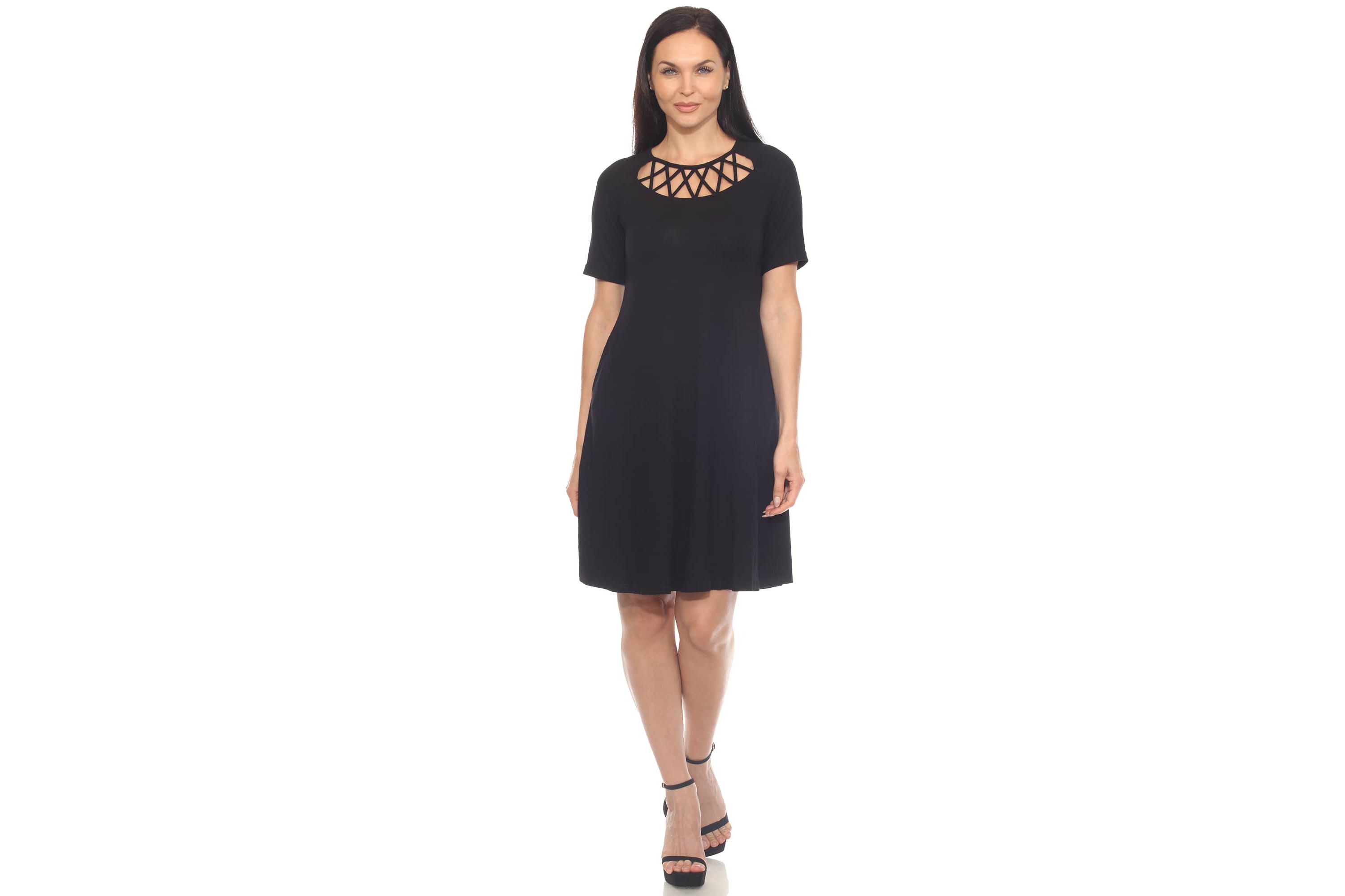 Womens Short Sleeve Criss-Cross Neck A-Line Dress