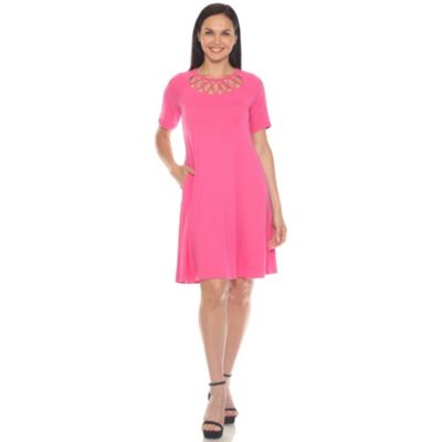 White Mark Women's Short Sleeve Criss-Cross Neck A-Line Dress, Fuchsia, XL