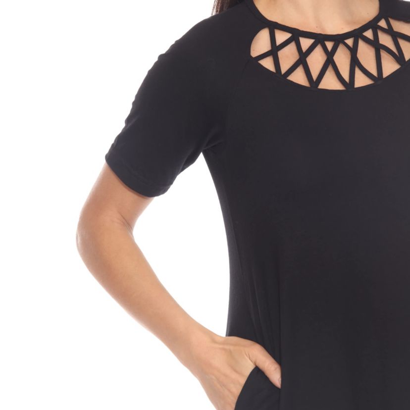 Womens Short Sleeve Criss-Cross Neck A-Line Dress