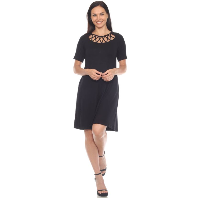 Womens Short Sleeve Criss-Cross Neck A-Line Dress