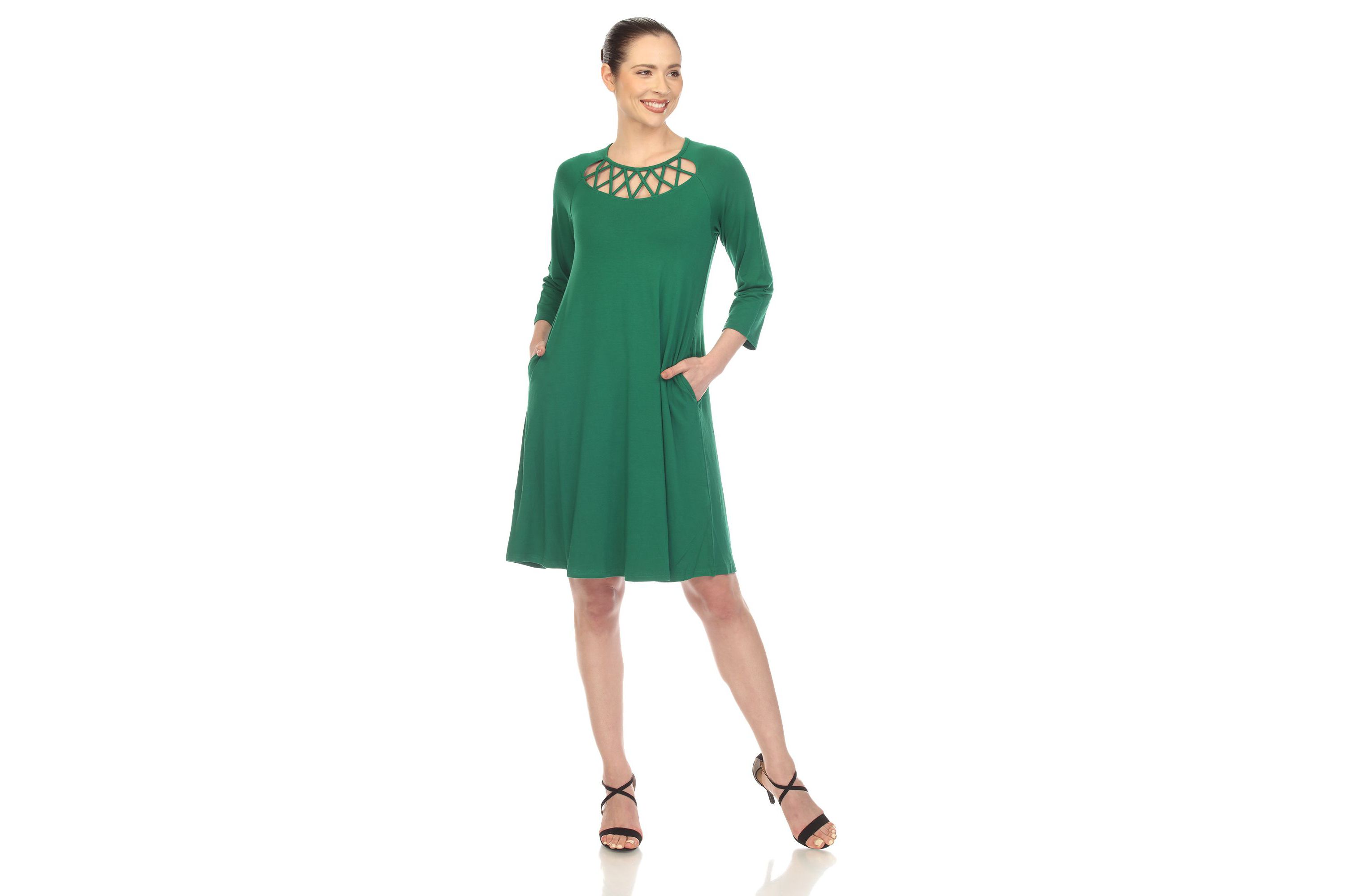 Womens Criss Cross Neckline Swing Midi Dress