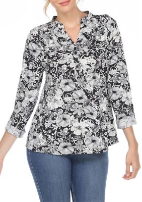 Pleated Long Sleeve Floral Print Blouse