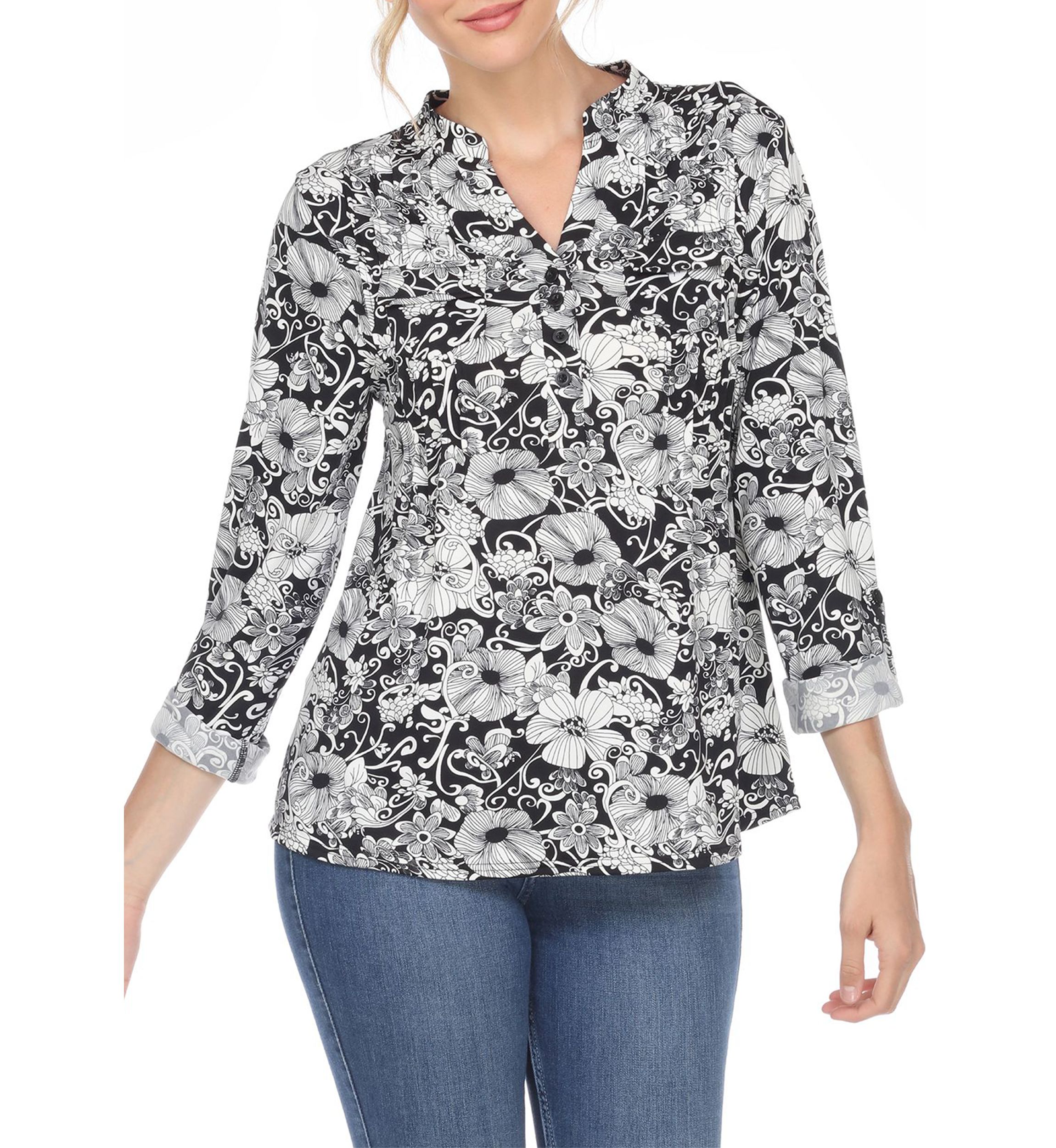 Pleated Long Sleeve Floral Print Blouse
