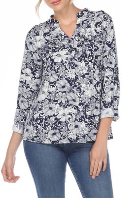 White Mark Women's Pleated Long Sleeve Floral Print Blouse, Navy Blue, XL