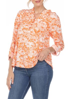 White Mark Women's Pleated Long Sleeve Floral Print Blouse, Orange, Large