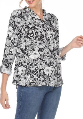 Pleated Long Sleeve Floral Print Blouse