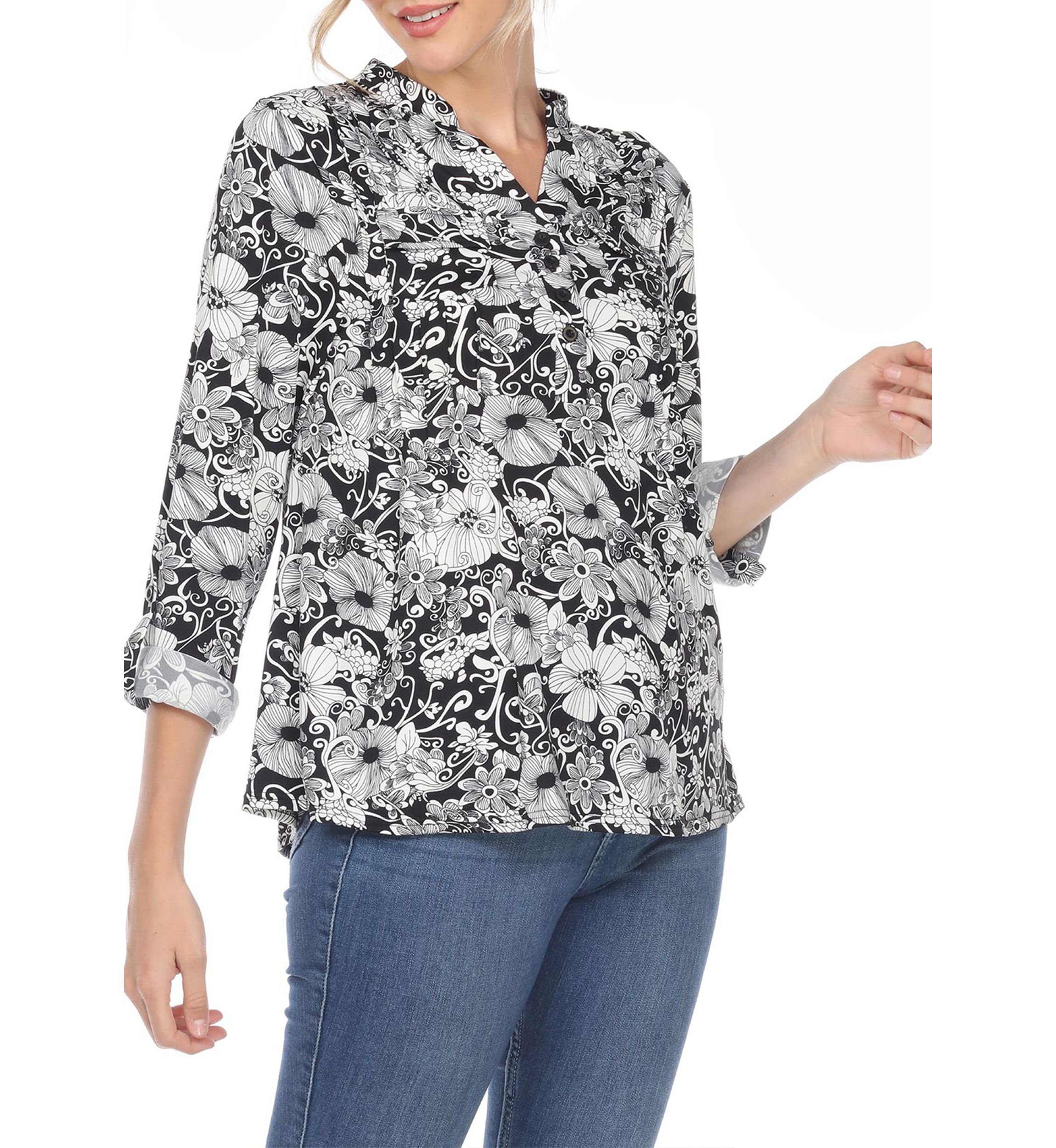 Pleated Long Sleeve Floral Print Blouse