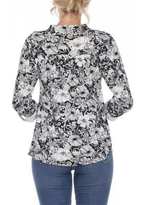 Pleated Long Sleeve Floral Print Blouse