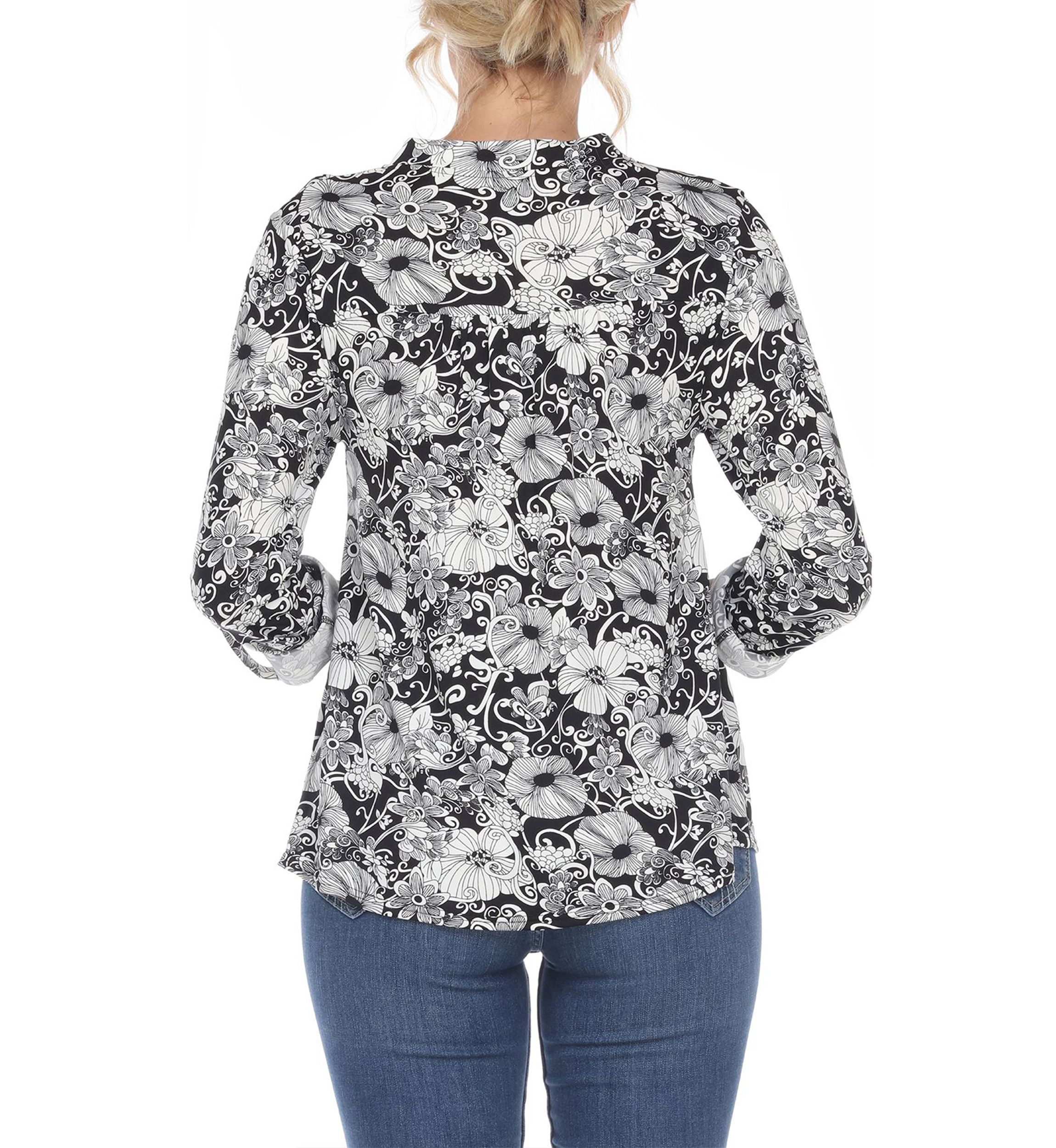 Pleated Long Sleeve Floral Print Blouse