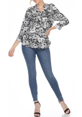 Pleated Long Sleeve Floral Print Blouse