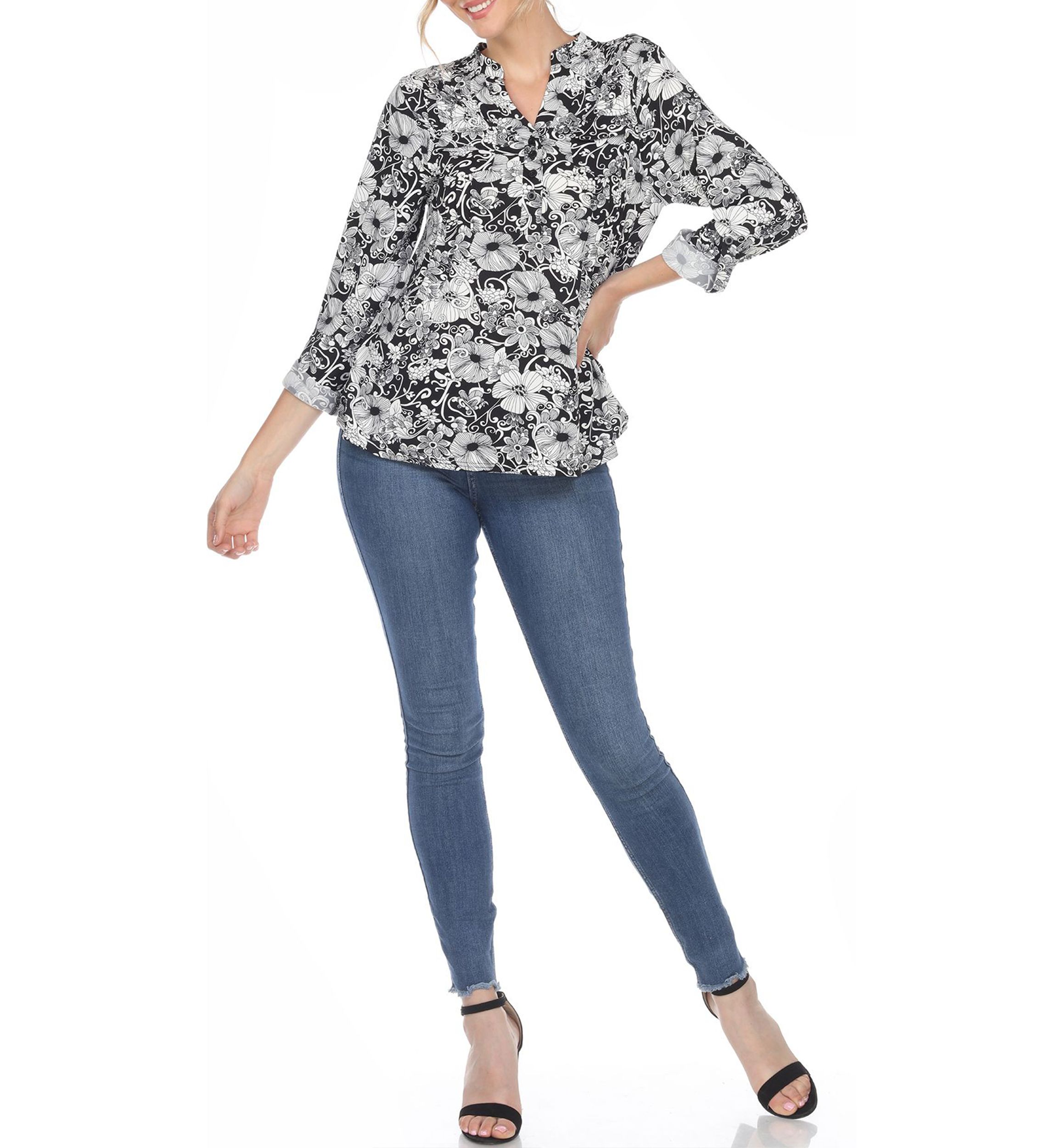 Pleated Long Sleeve Floral Print Blouse