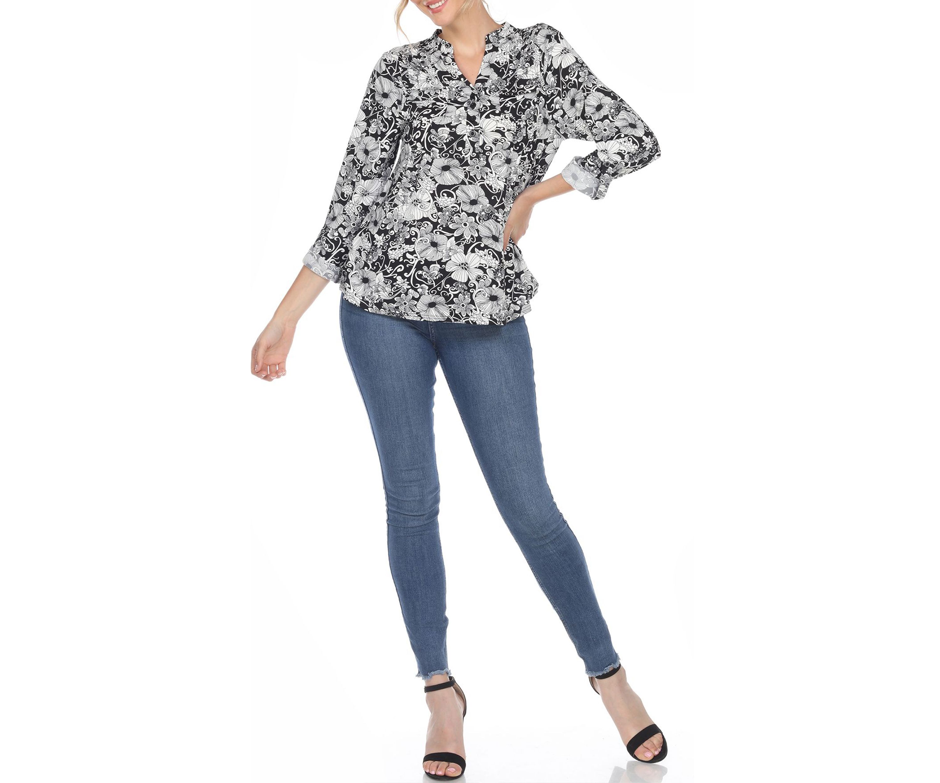 Pleated Long Sleeve Floral Print Blouse