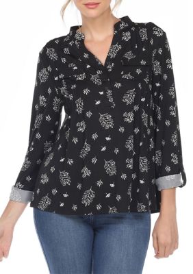 Pleated Long Sleeve Leaf Print Blouse