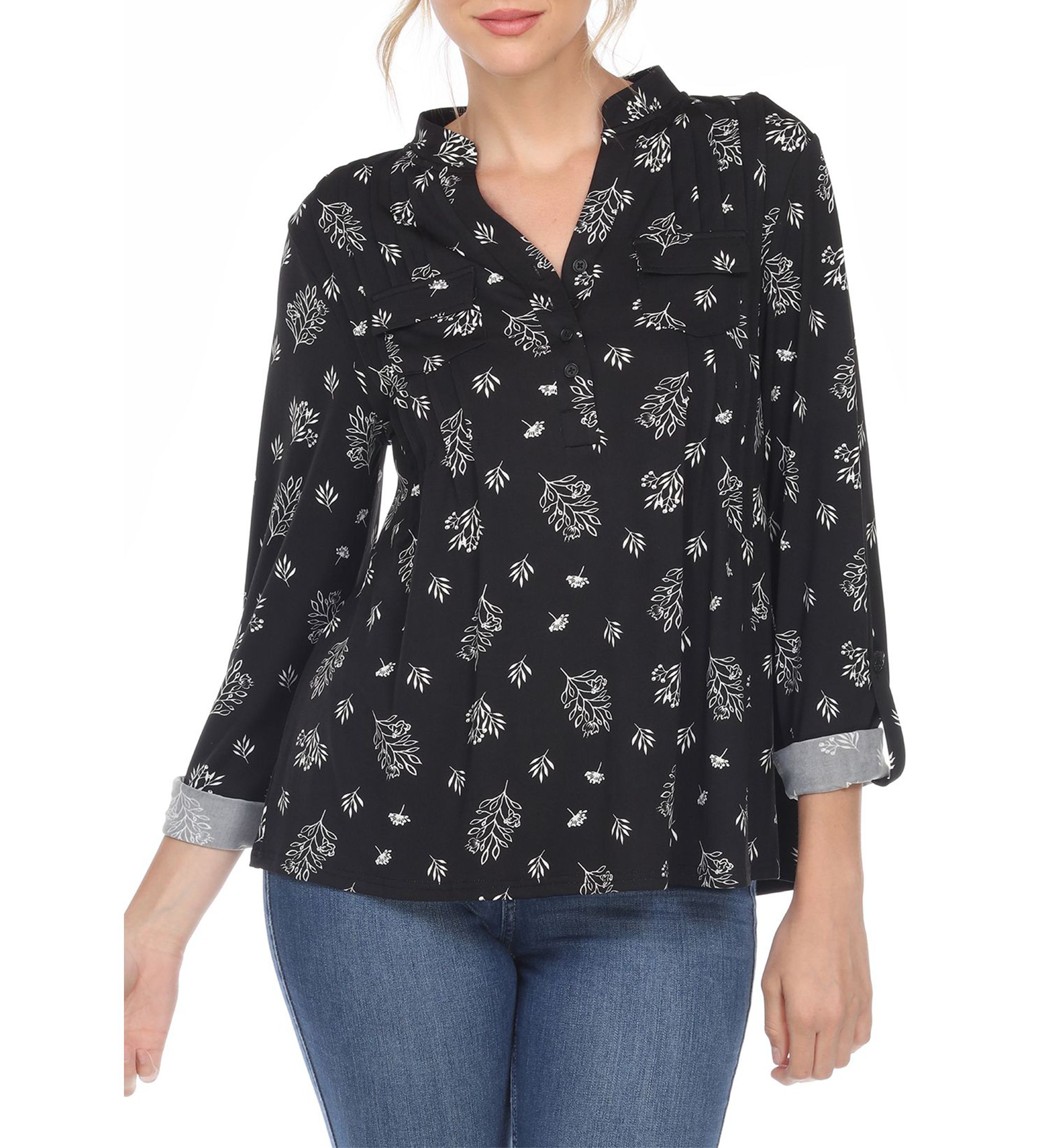 Pleated Long Sleeve Leaf Print Blouse