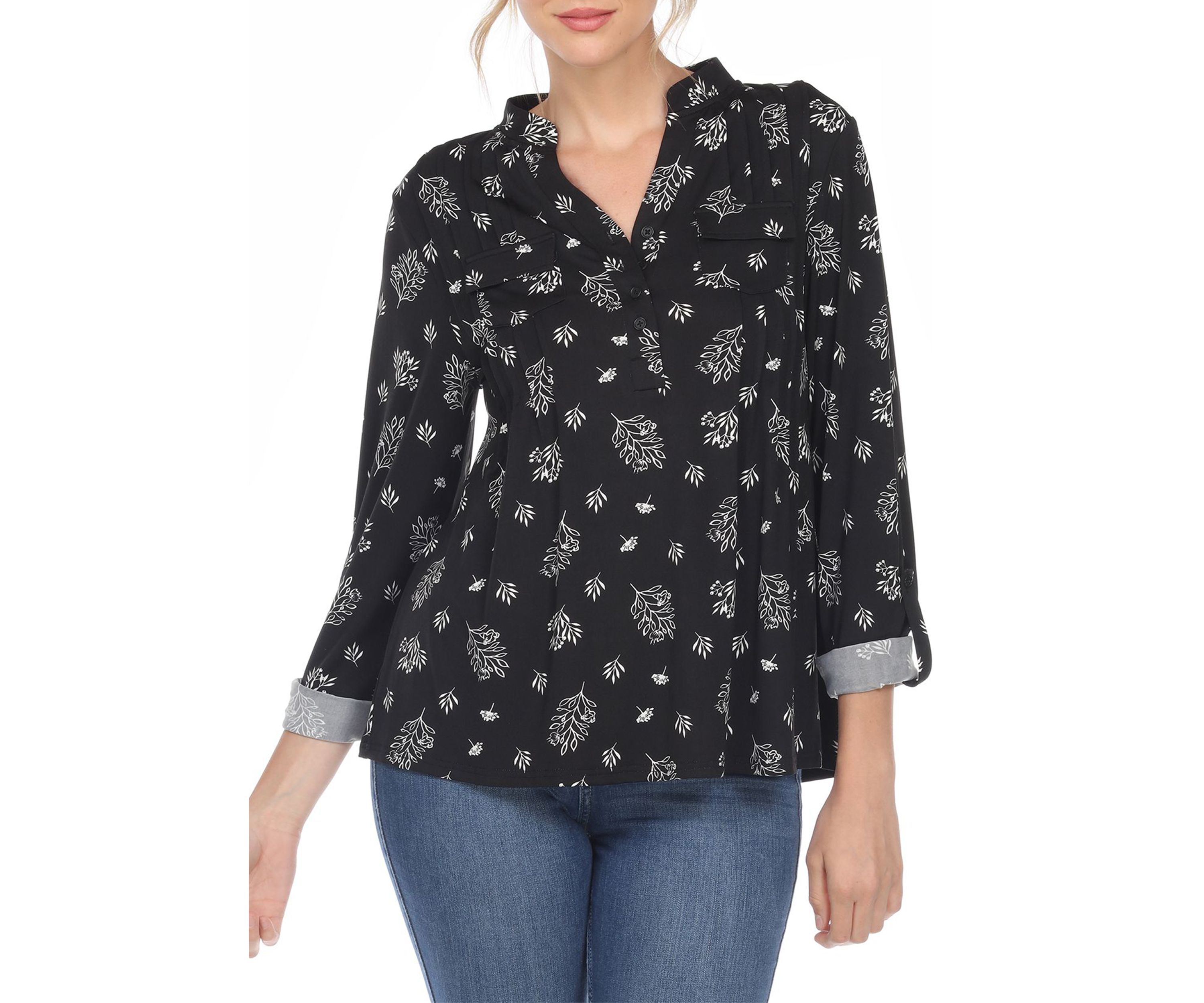 Pleated Long Sleeve Leaf Print Blouse