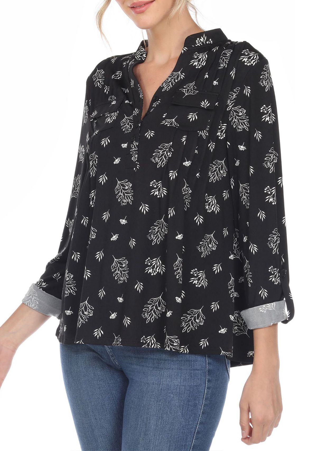 Pleated Long Sleeve Leaf Print Blouse