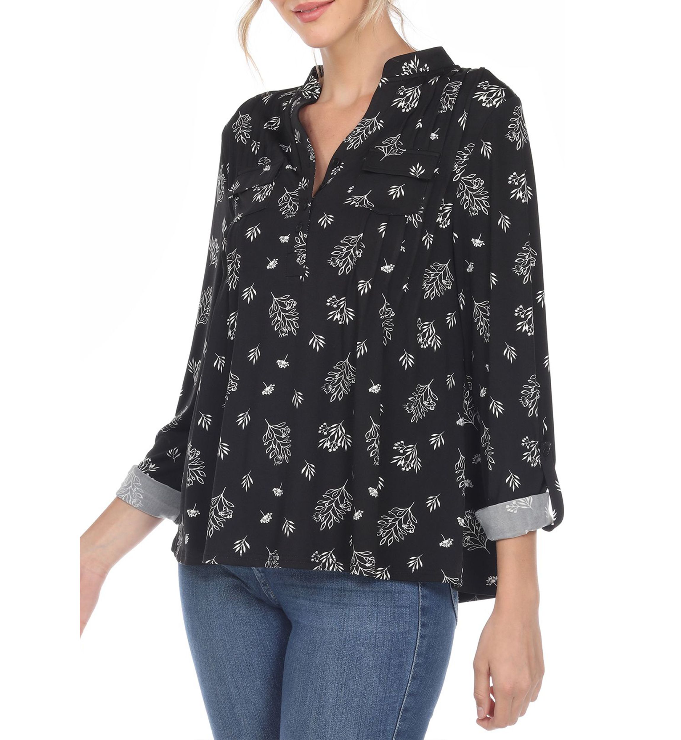 Pleated Long Sleeve Leaf Print Blouse