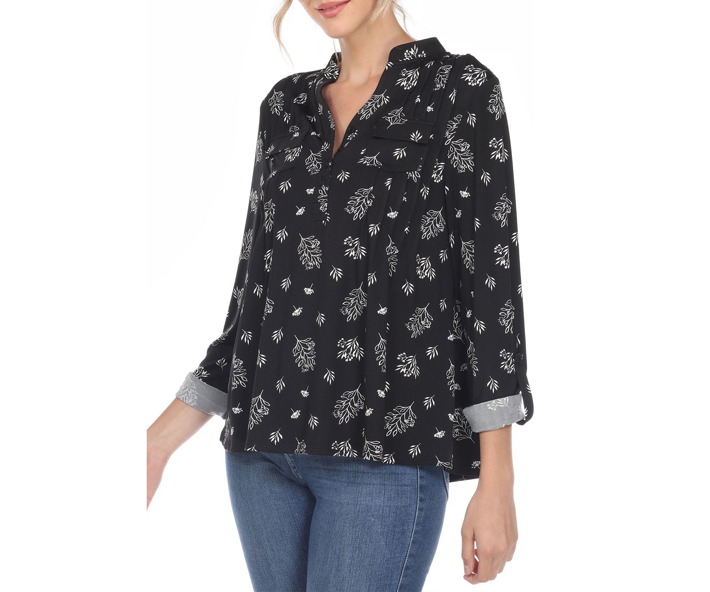 Pleated Long Sleeve Leaf Print Blouse