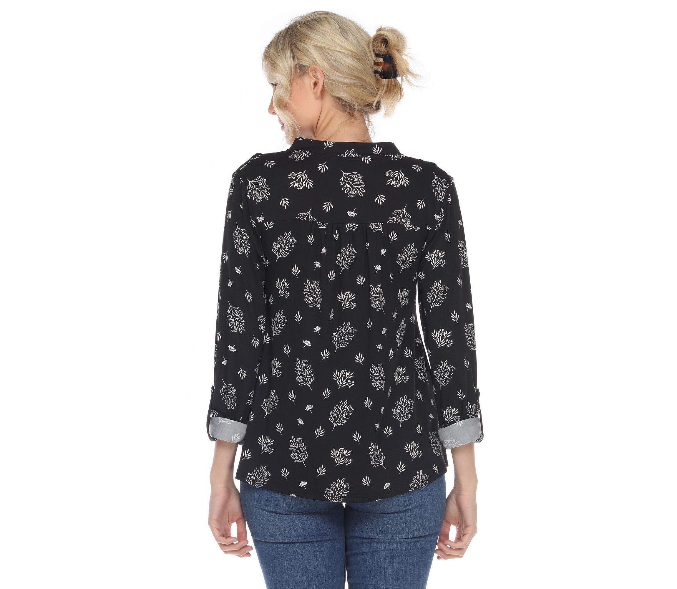 Pleated Long Sleeve Leaf Print Blouse