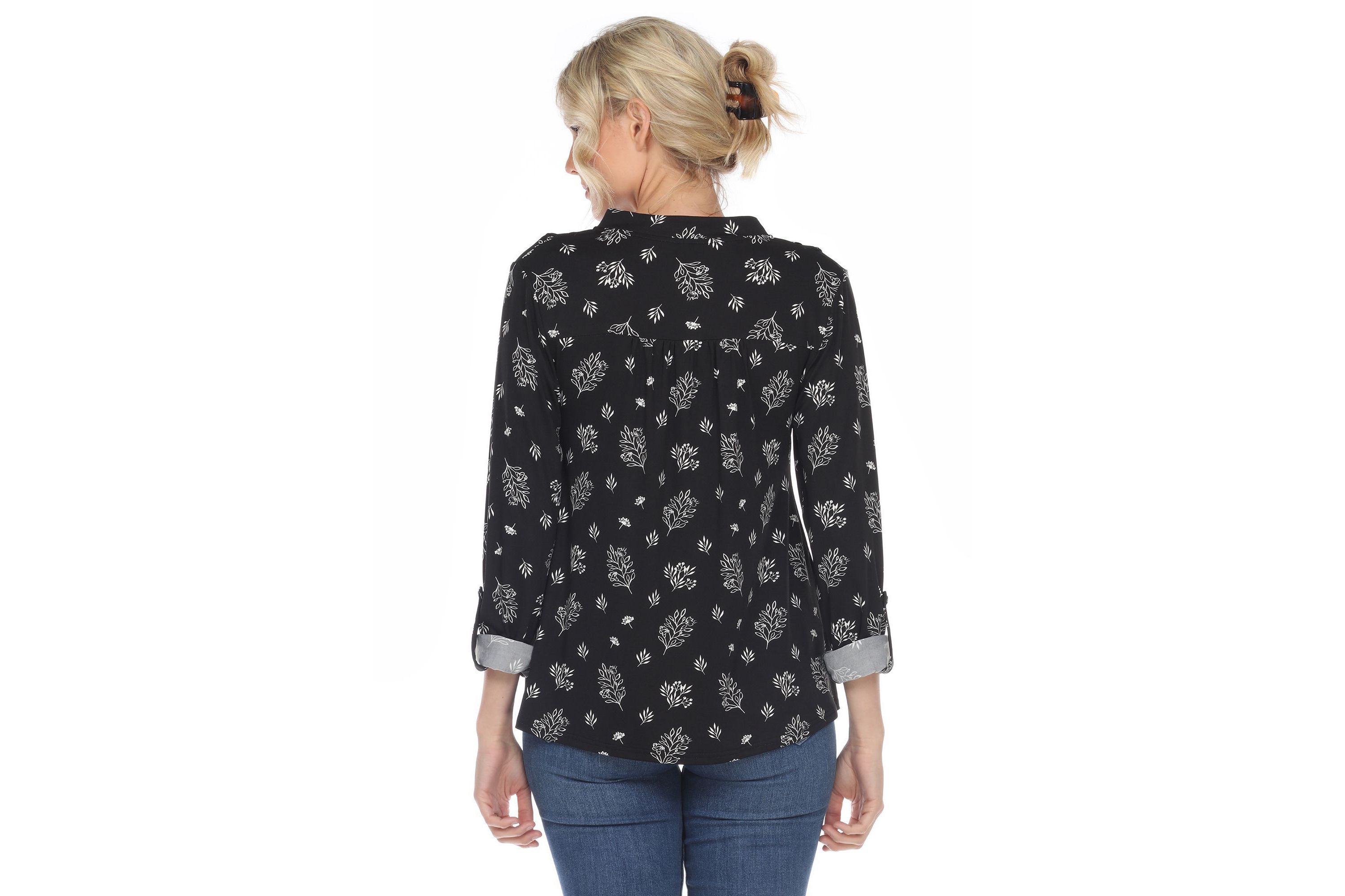 Pleated Long Sleeve Leaf Print Blouse
