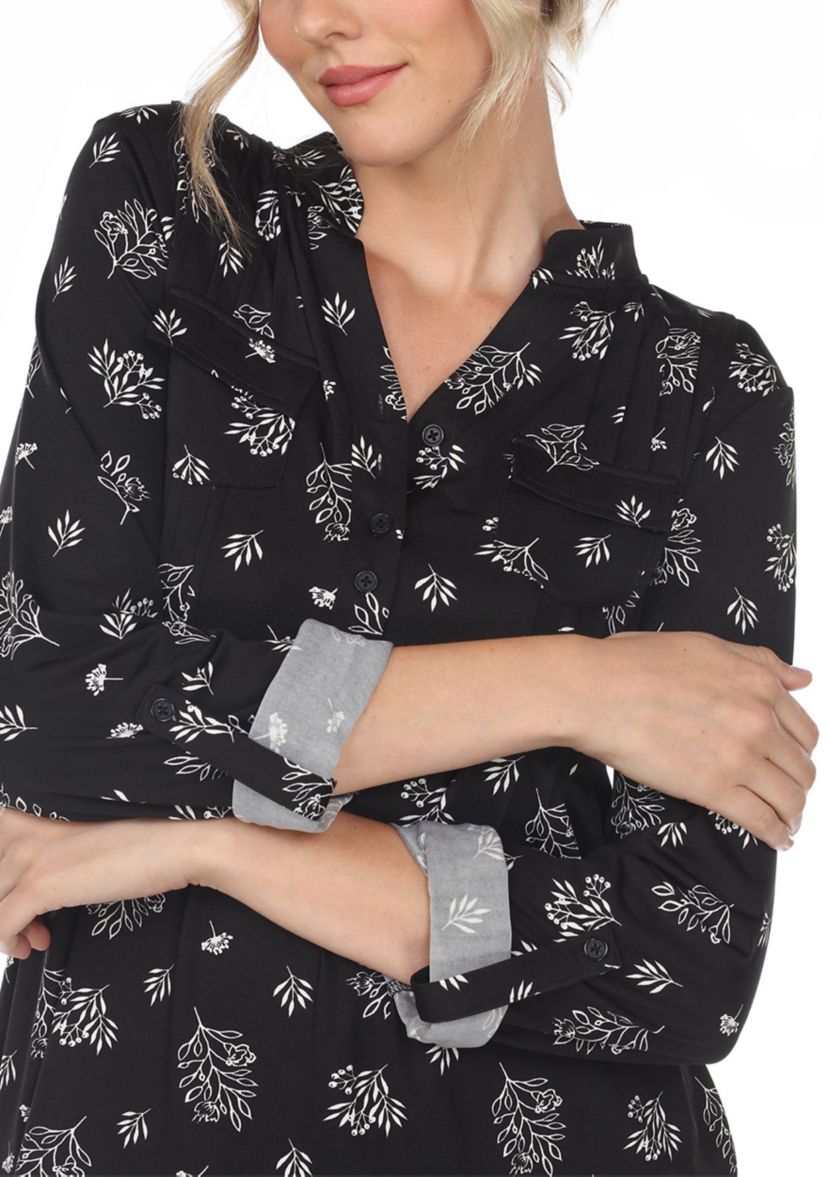 Pleated Long Sleeve Leaf Print Blouse