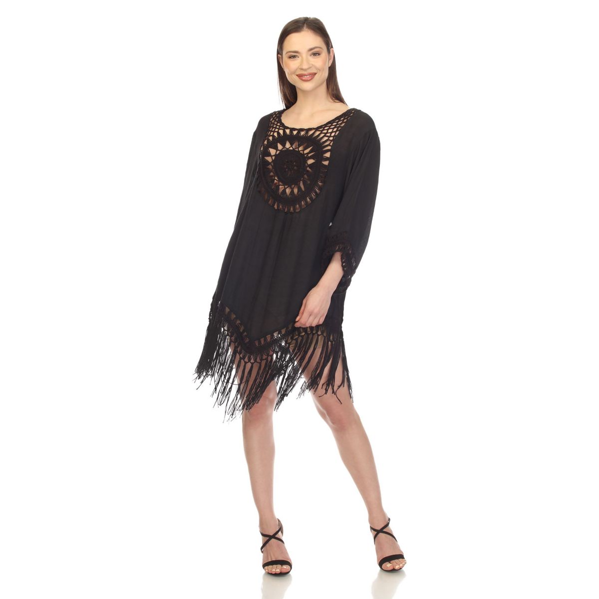 Womens Crocheted Fringed Trim Dress Cover Up