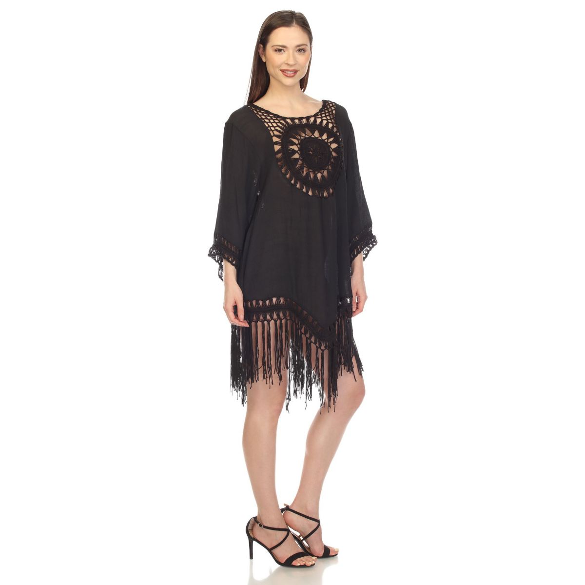 Womens Crocheted Fringed Trim Dress Cover Up