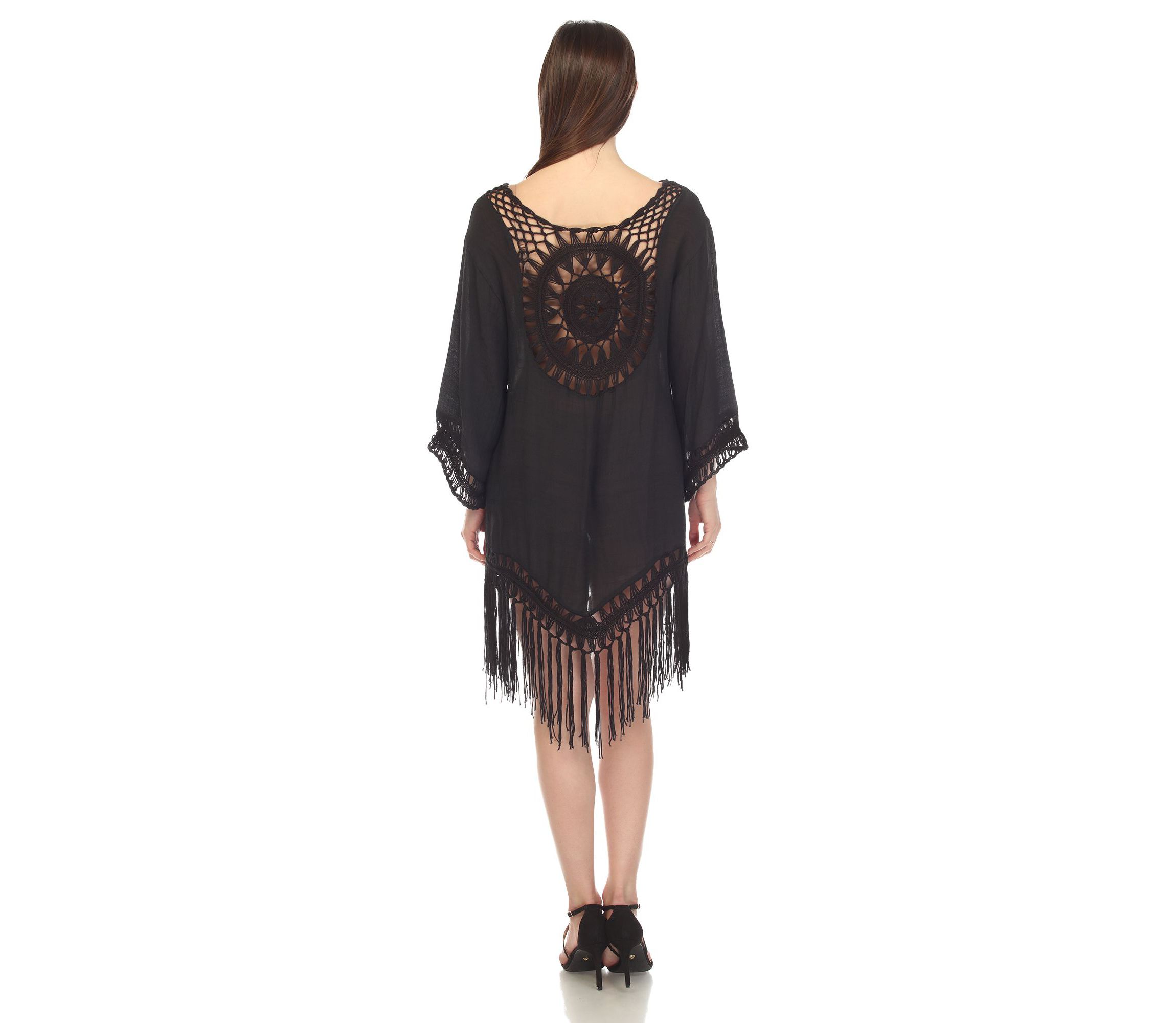Womens Crocheted Fringed Trim Dress Cover Up