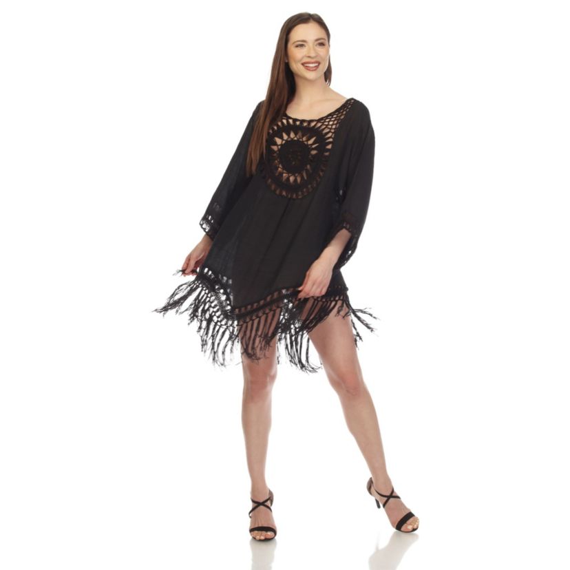 Womens Crocheted Fringed Trim Dress Cover Up