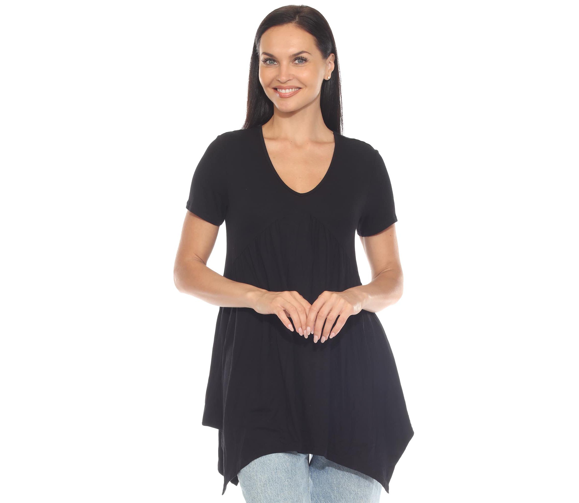 Womens Short Sleeve Shirred Front Knit Tunic Top with Pockets
