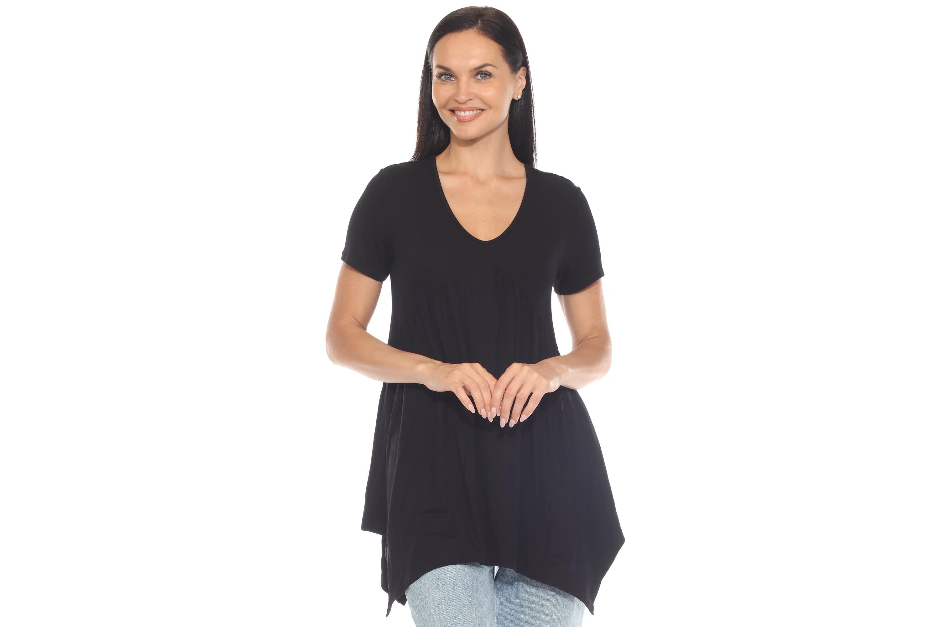 Womens Short Sleeve Shirred Front Knit Tunic Top with Pockets