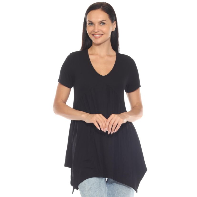 Womens Short Sleeve Shirred Front Knit Tunic Top with Pockets