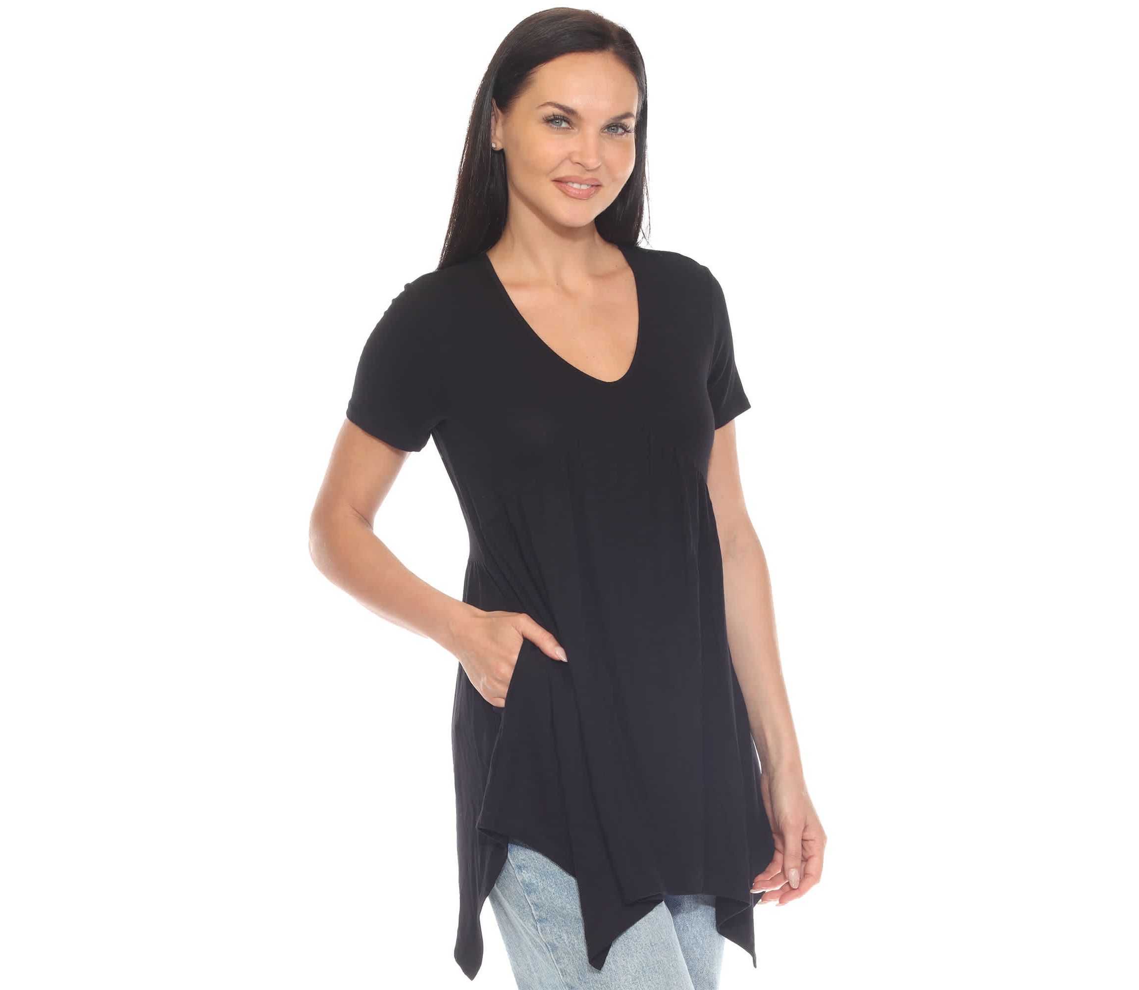 Womens Short Sleeve Shirred Front Knit Tunic Top with Pockets