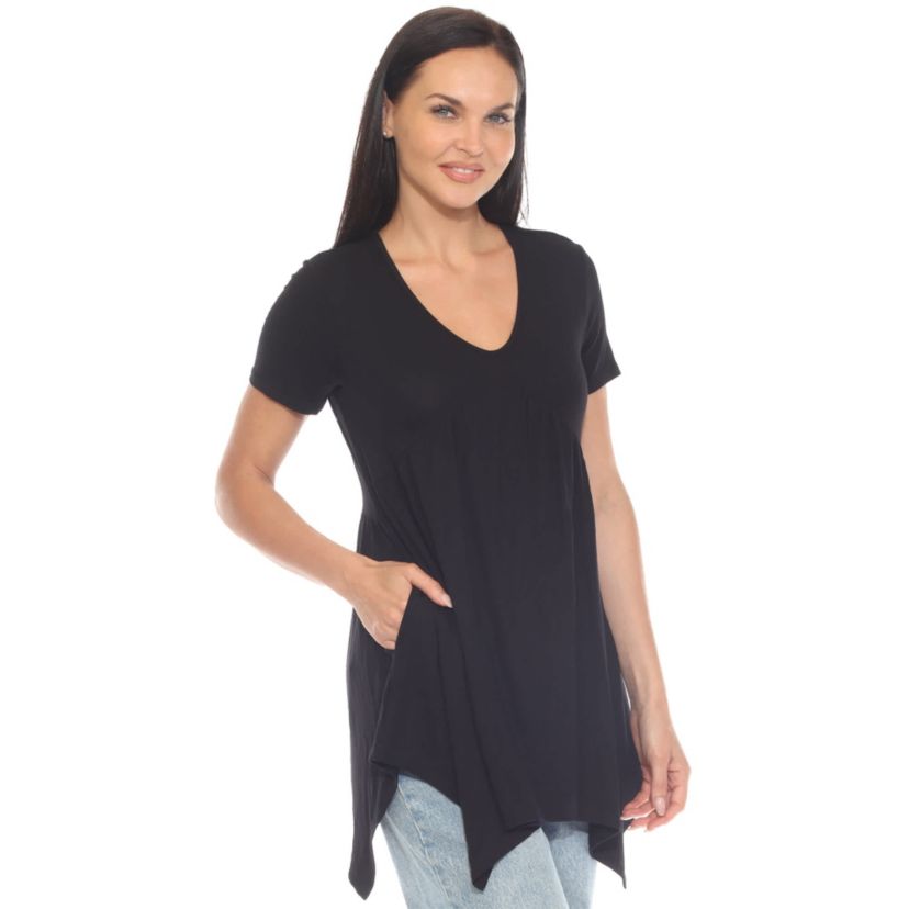 Womens Short Sleeve Shirred Front Knit Tunic Top with Pockets
