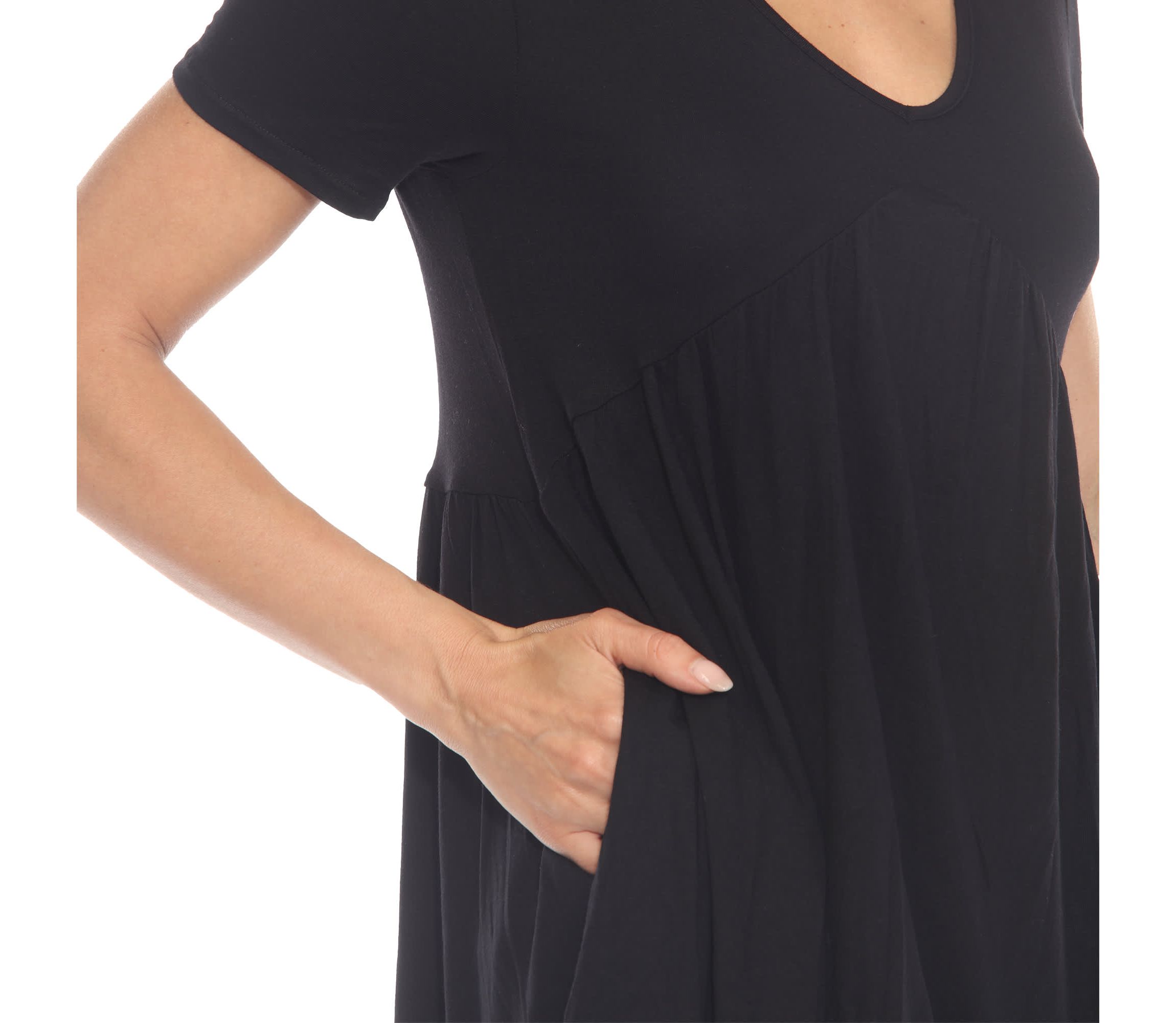 Womens Short Sleeve Shirred Front Knit Tunic Top with Pockets