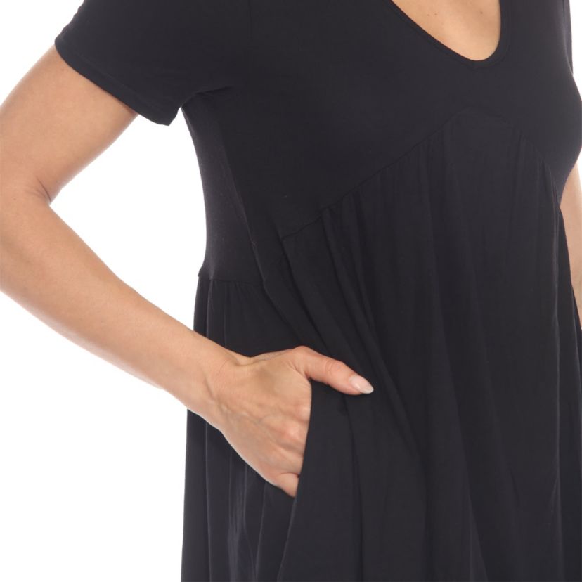 Womens Short Sleeve Shirred Front Knit Tunic Top with Pockets