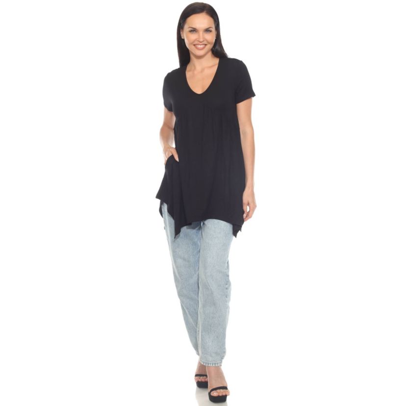 Womens Short Sleeve Shirred Front Knit Tunic Top with Pockets