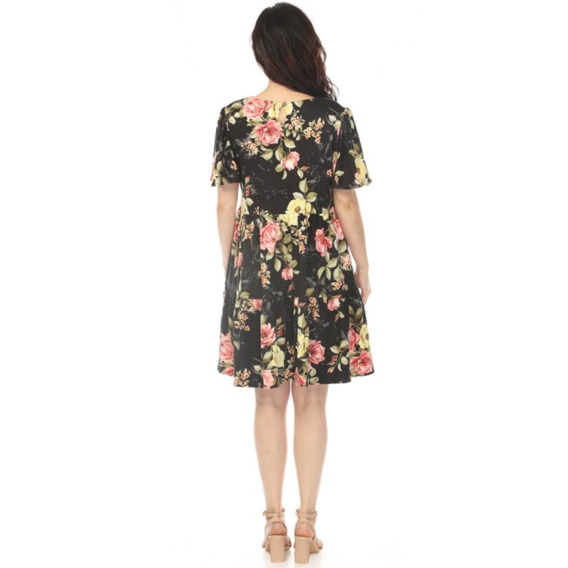 White Mark Women's V-Neck Tropical Flower Short Sleeve Dress Black / M